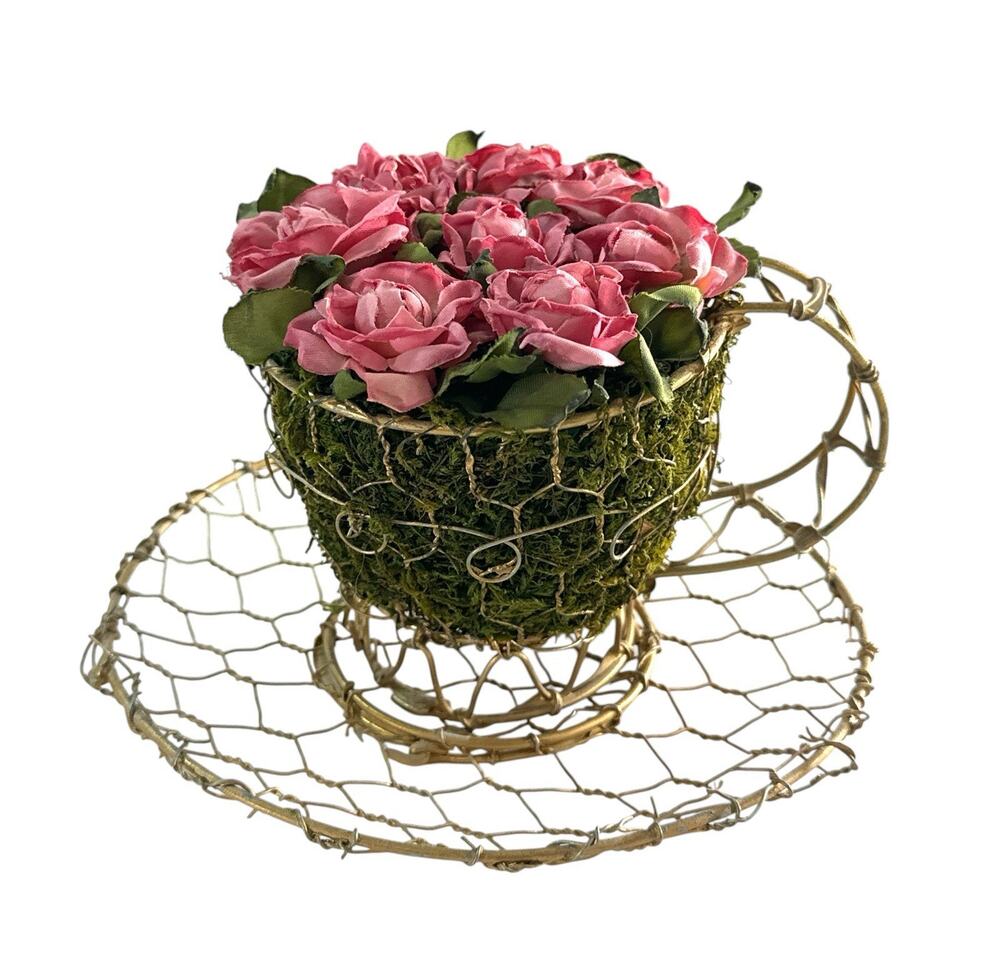 Vintage Mini Wire Teacup Pink Rose Floral Arrangement Moss Decor 3.5”